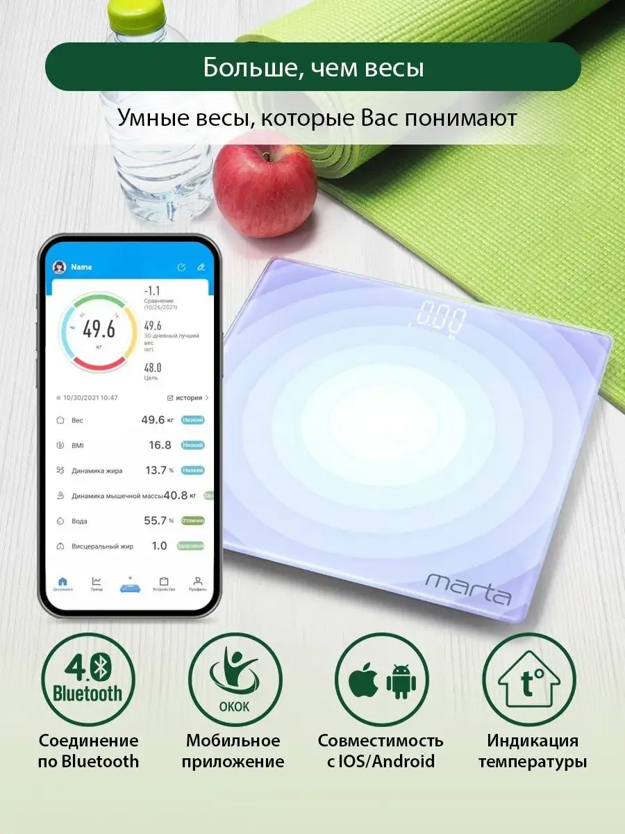 Розовый умные диагностические весы MARTA MT-SC3603 , LED дисплей, Bluetooth, лиловый