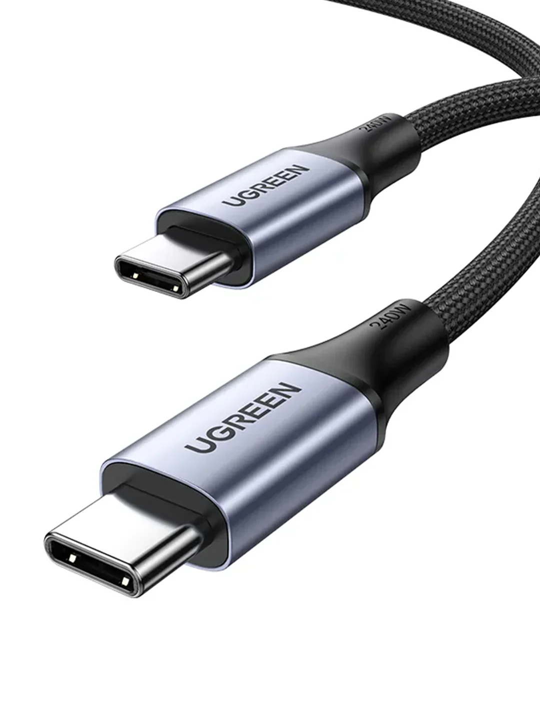 Черный кабель UGREEN US535 (15311) USB-C to USB-C 240WPD Fast Charging Cable в оплетке.