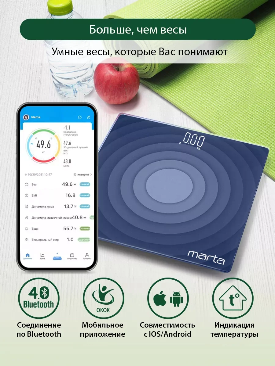 Серый умные диагностические весы MARTA MT-SC3603 , LED дисплей, Bluetooth, графит