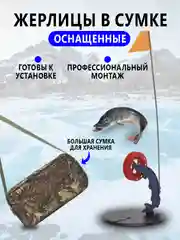 Жерлица зимняя в сумке, оснащенные и неоснащенные, сумка для жерлиц и кружков