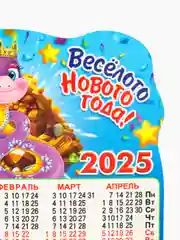 Лазурный новогодний магнит календарь на 2025 год с символом Змеи и пожеланиями на Новый год