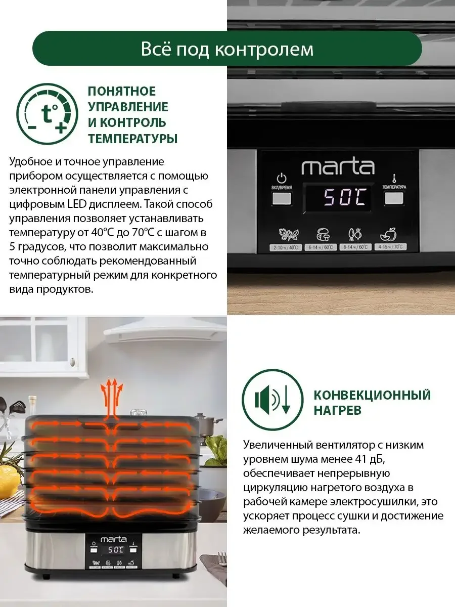 Черный электросушилка MARTA MT-FD1887D 10 поддонов (8 для сушки ягод, 2 для пастилы)черный жемчуг
