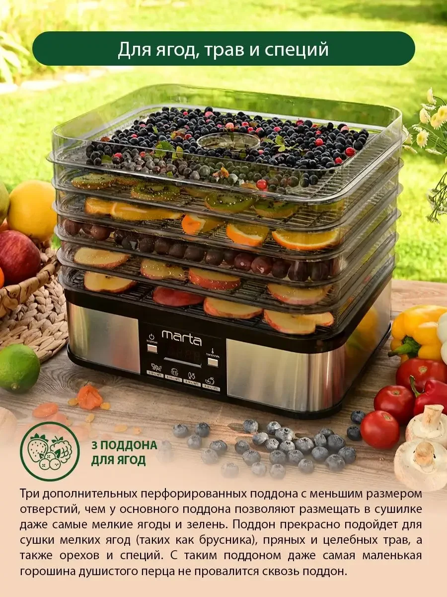 Черный сушилка для овощей и фруктов, пастилы MARTA MT-FD1887C 11 поддонов, размер 33х25,5 см