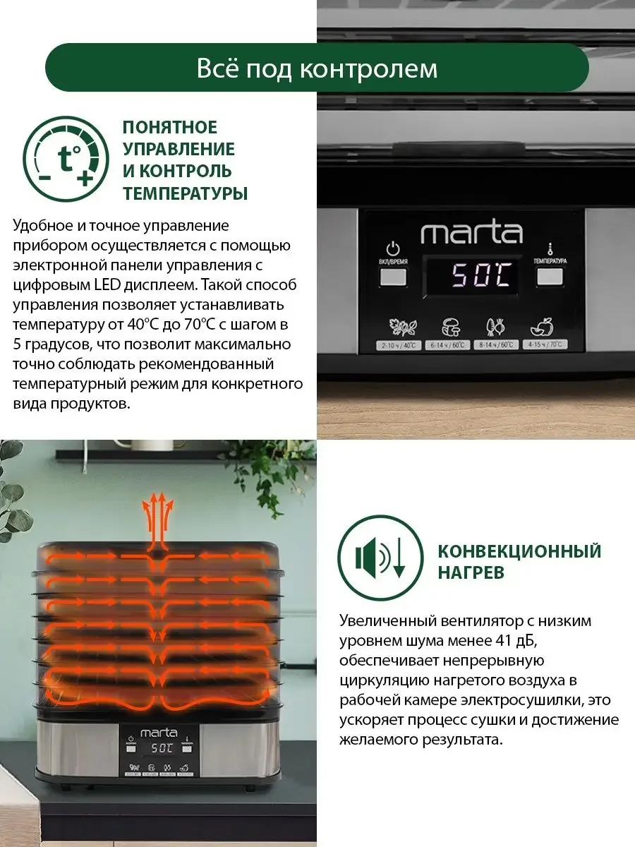 Черный сушилка для овощей и фруктов, пастилы MARTA MT-FD1887C 11 поддонов, размер 33х25,5 см