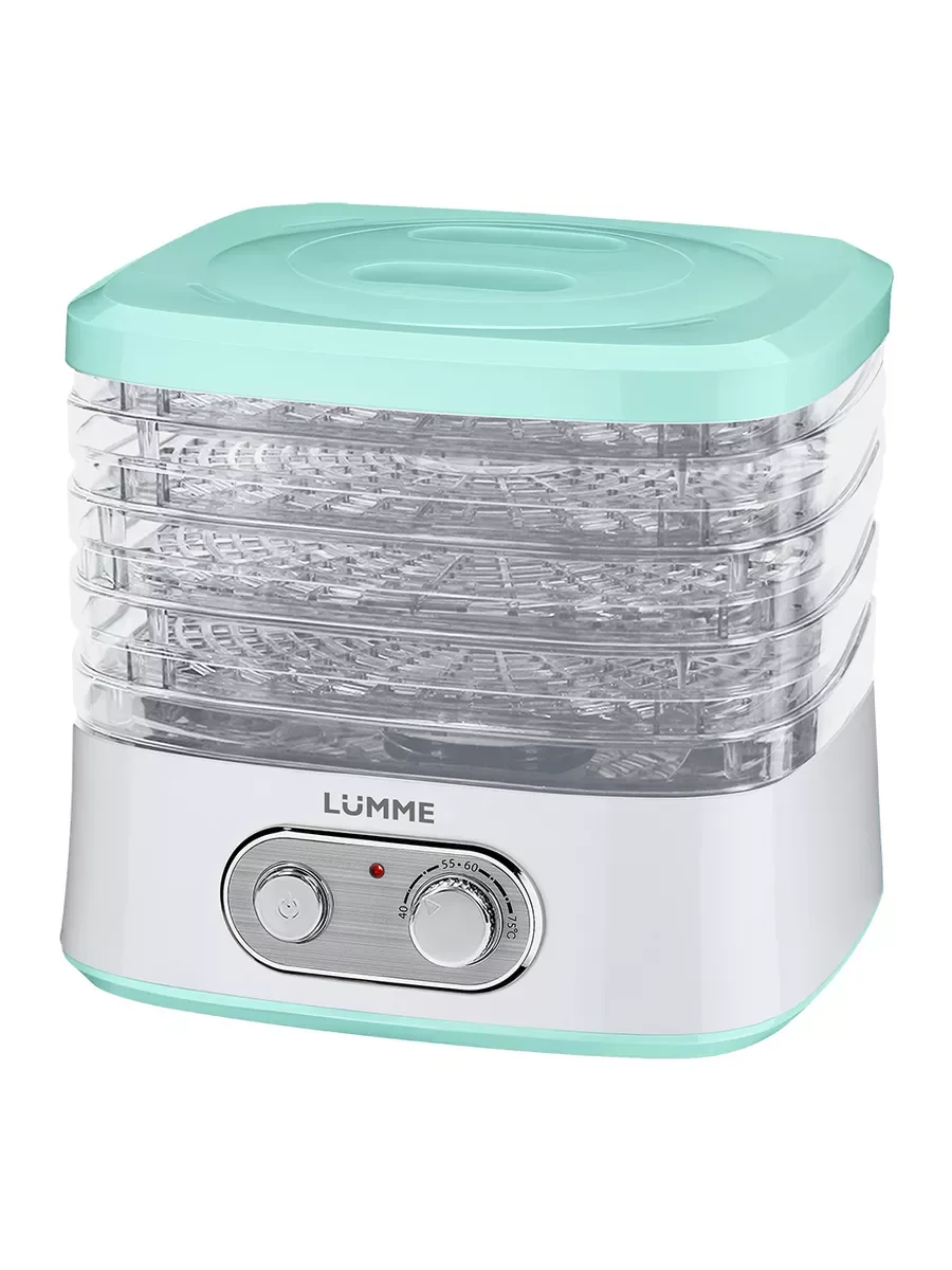 Бирюзовый сушилка для овощей и фруктов LUMME LU-FD1854A с вентилятором, 4 уровня, белый/ментол