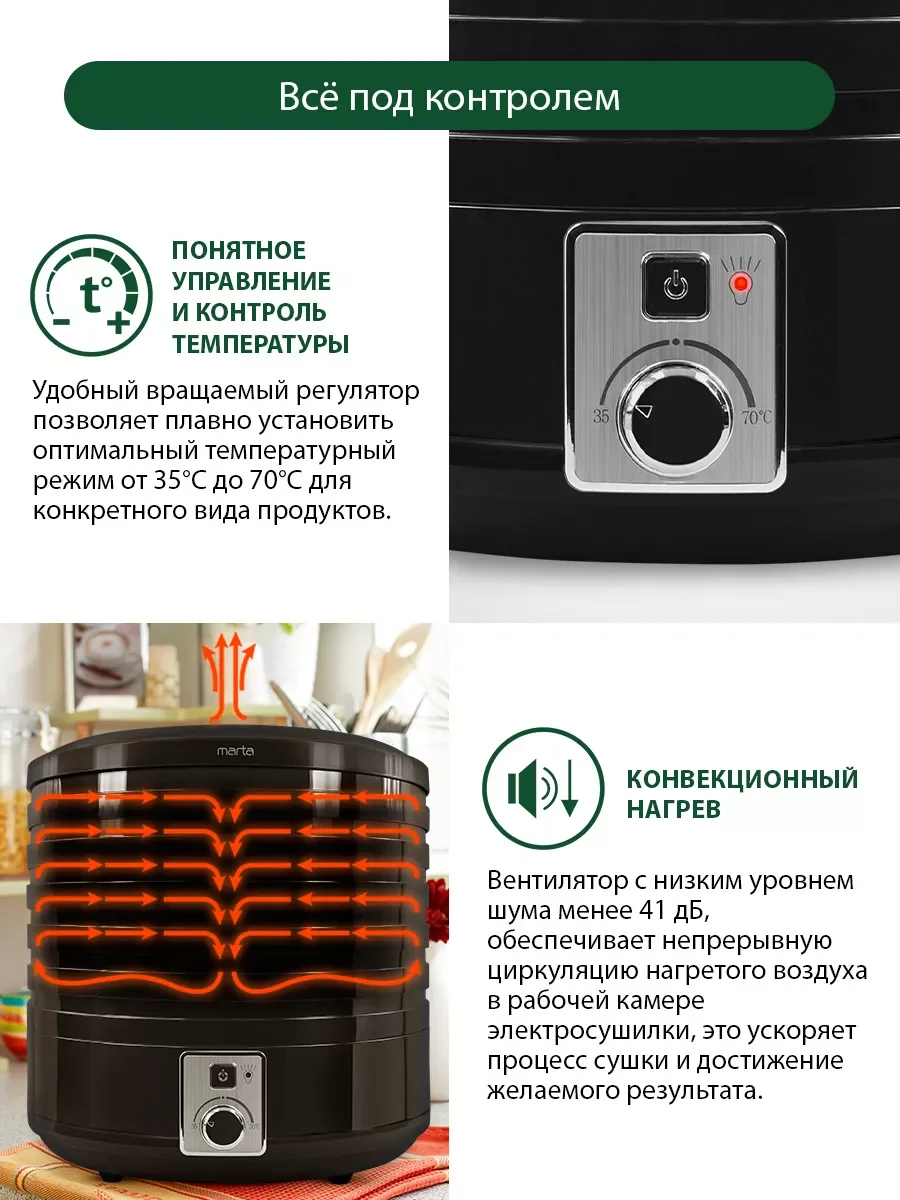 Черный сушилка для овощей и фруктов MARTA MT-1882 6 уровней/ диаметр 31 см/ черный жемчуг
