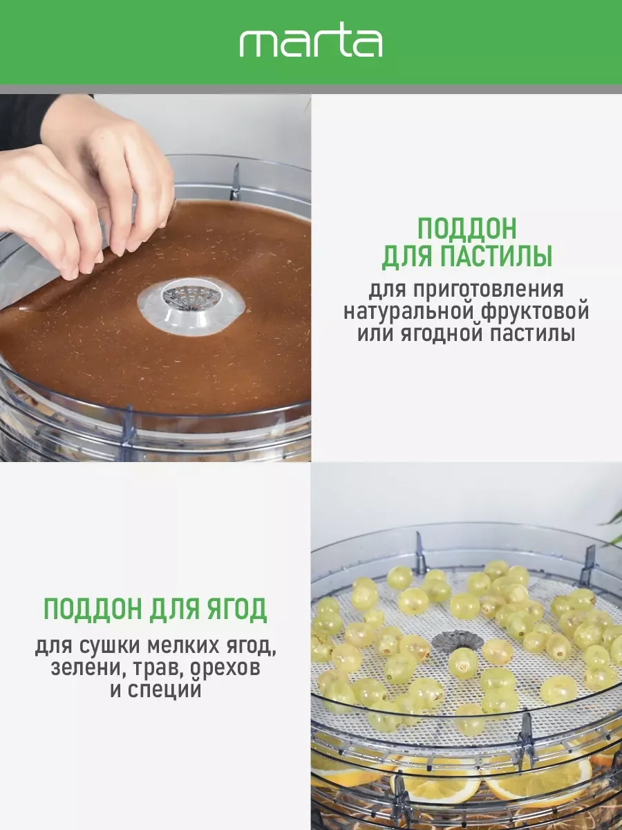 Белый сушилка для овощей и фруктов MARTA MT-FD1889D 9 поддонов/ 750 Ватт/ белый жемчуг