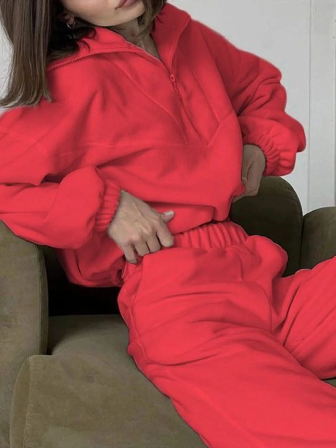 Красный костюм женский спортивный теплый флисовый плюшевый