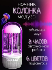 Разноцветная светящаяся колонка-медуза "blueTooth",ночник,часы