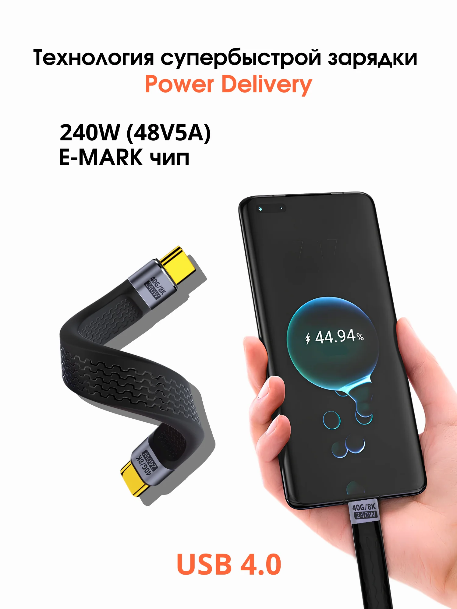 Короткий кабель Type C - Type C, Быстрая зарядка, 5A 240W USB 4.0 провод тайп си 13 см