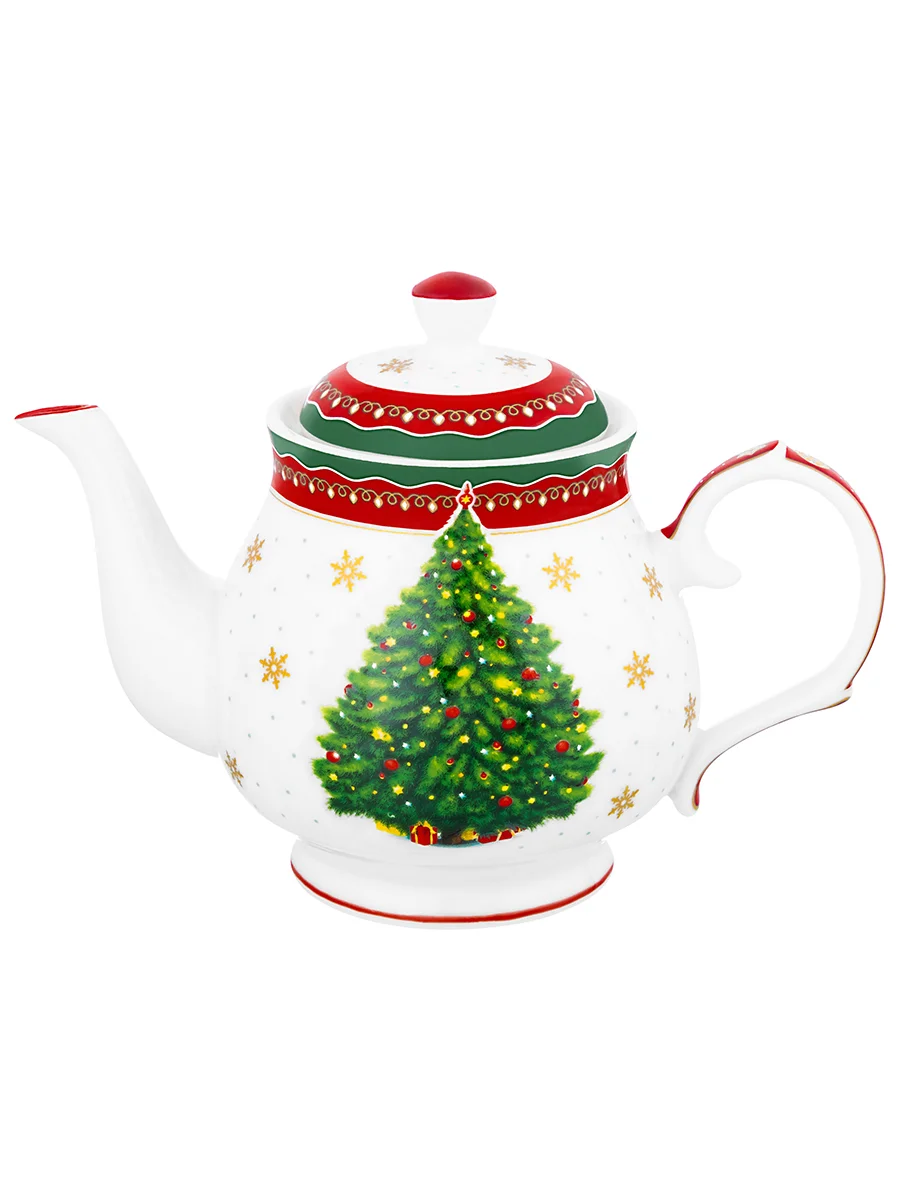 Чайник 380 мл 17х10х12 см Elan Gallery Новогодняя елка красный узор NEW BONE CHINA