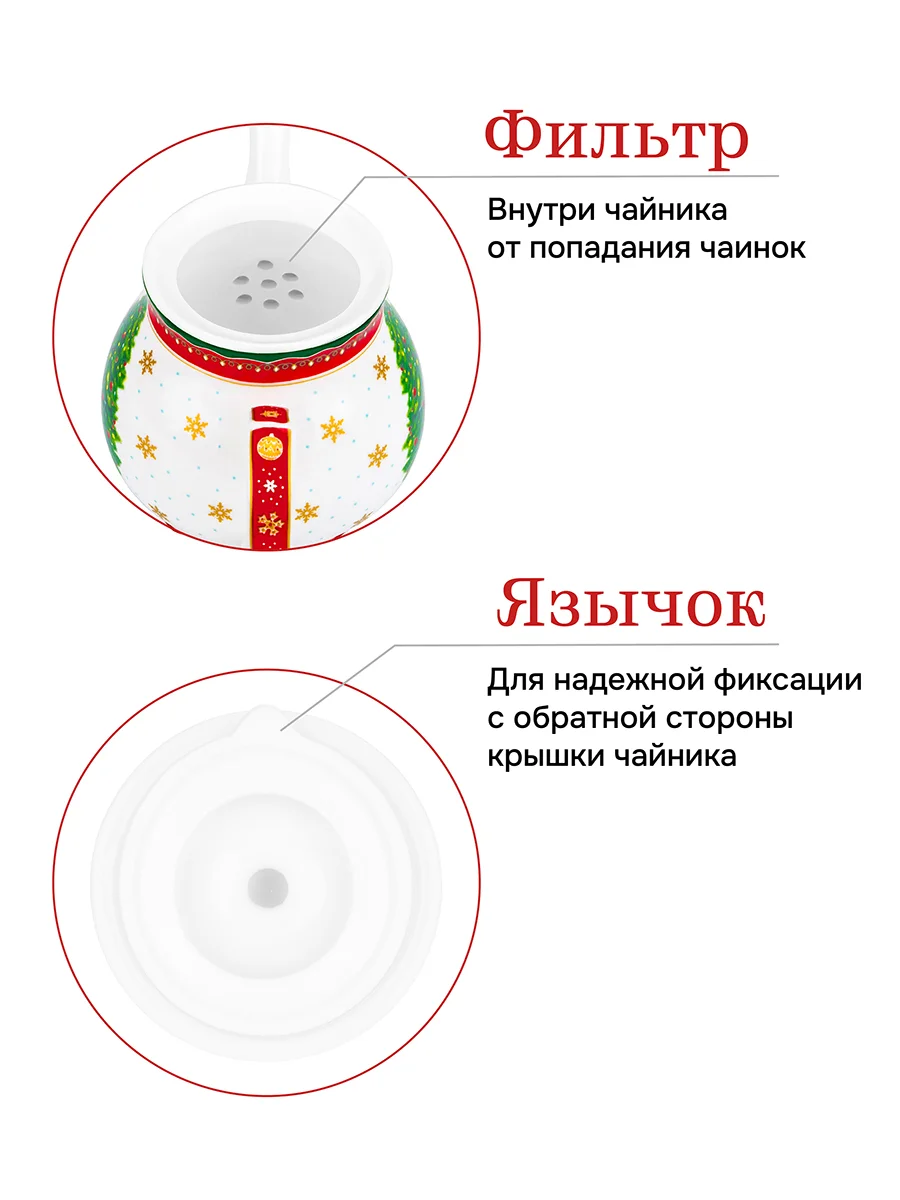 Чайник 380 мл 17х10х12 см Elan Gallery Новогодняя елка красный узор NEW BONE CHINA