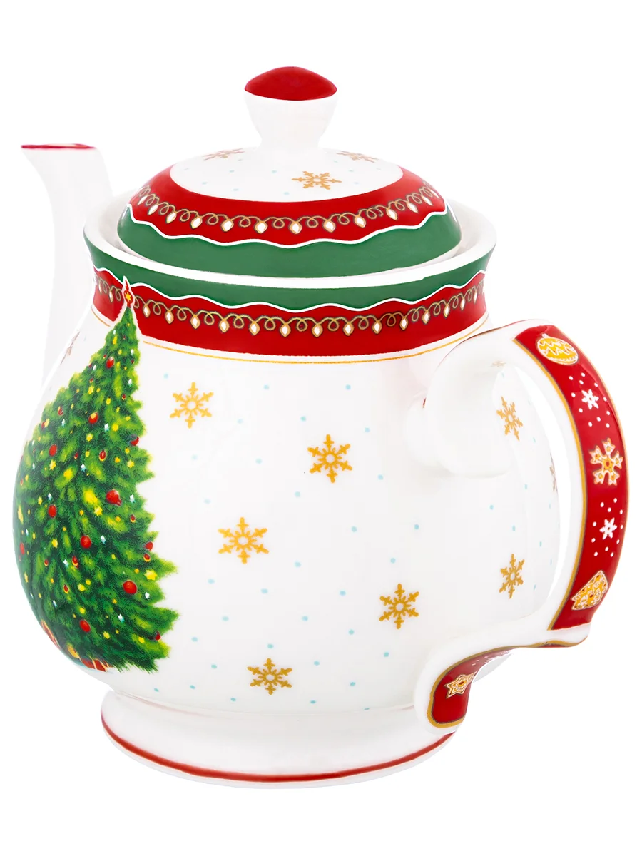 Чайник 380 мл 17х10х12 см Elan Gallery Новогодняя елка красный узор NEW BONE CHINA