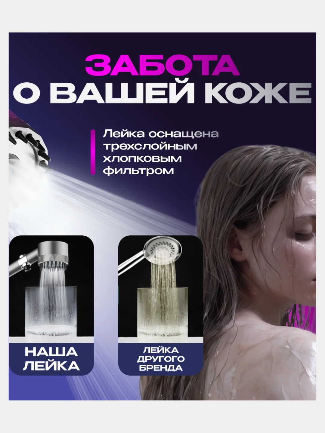 Лейка для душа, с массажным эффектом, 3 режима переключения напора, водосберегающая