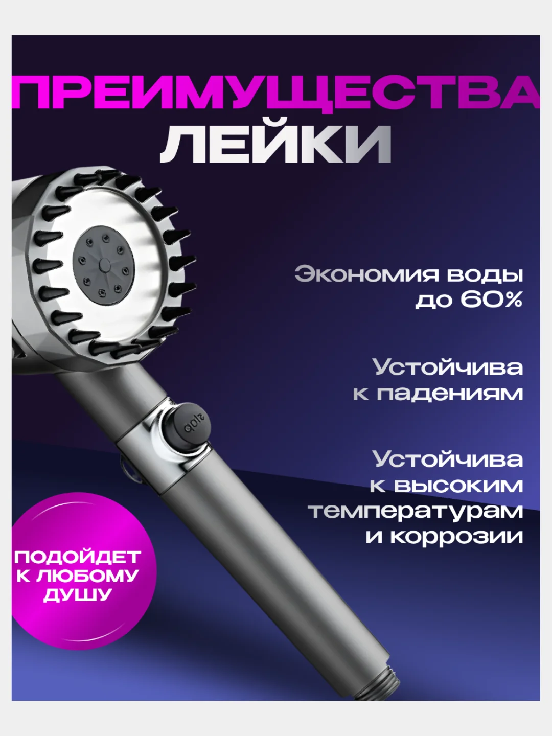 Лейка для душа, с массажным эффектом, 3 режима переключения напора, водосберегающая