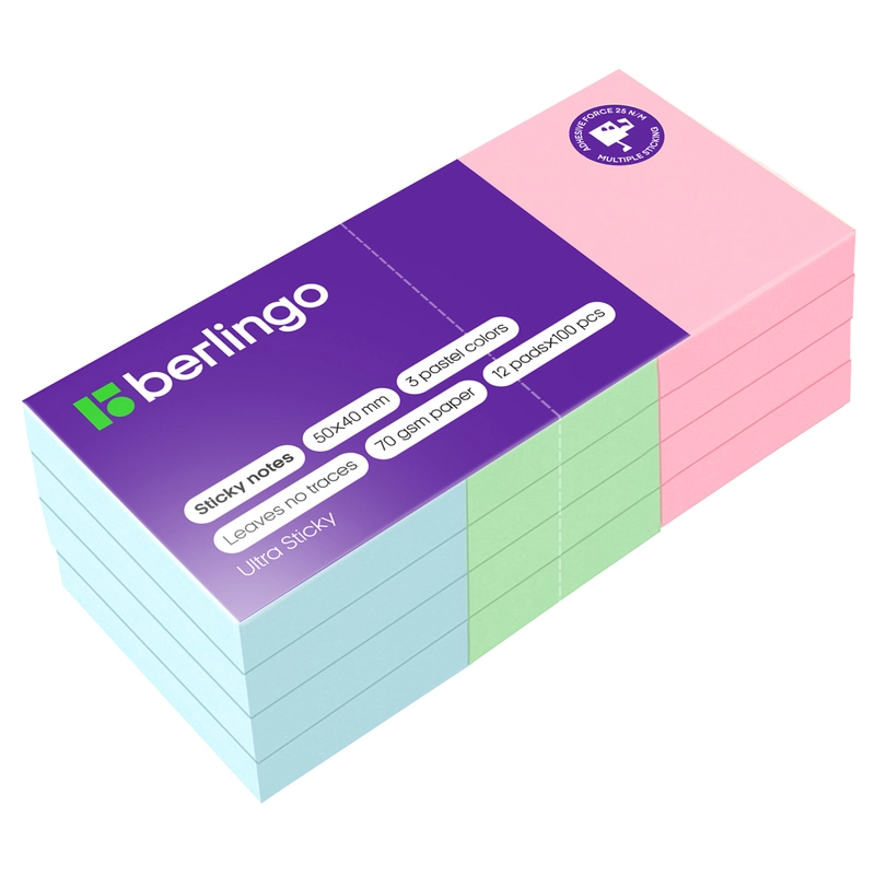 Самоклеящийся блок Berlingo "Ultra Sticky", 50*40мм, 12 блоков по 100л., 3 цвета