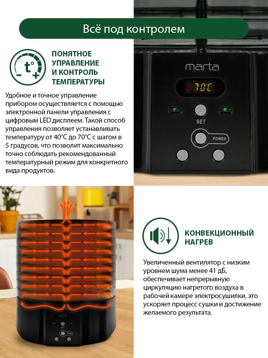 Черный сушилка для овощей и фруктов MARTA MT-FD1886C 700 Ватт/ 15 поддонов/ черный жемчуг