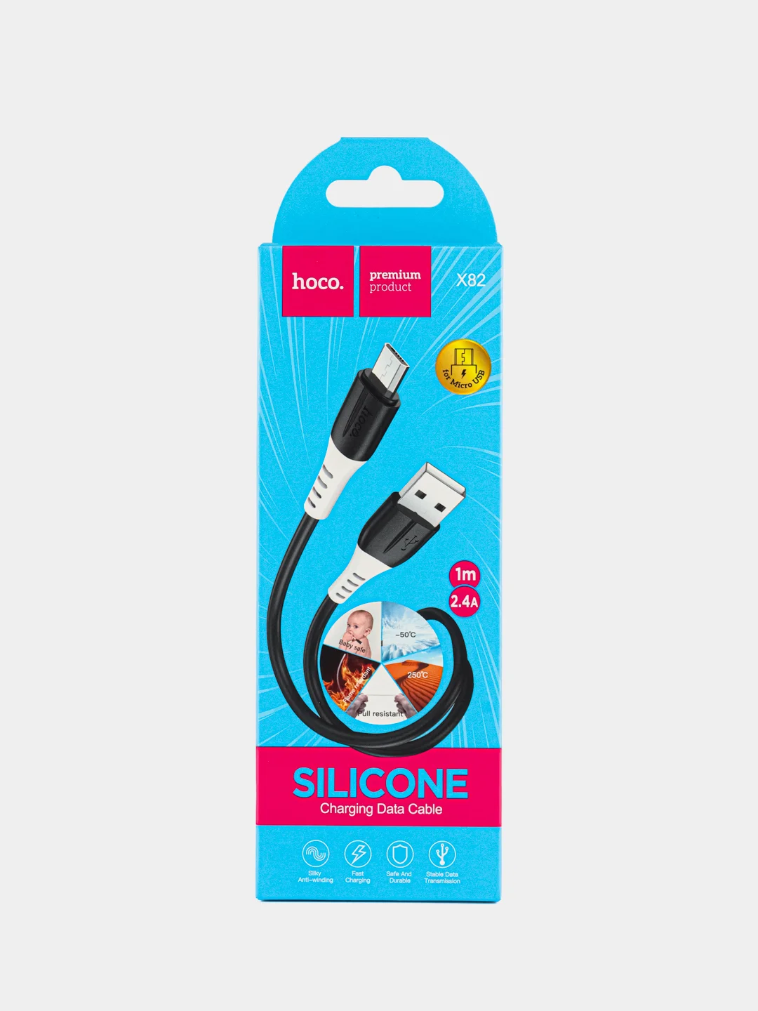 Черный micro USB кабель для зарядки телефона Android / быстрая зарядка 2.4A / силикон, термостойкий