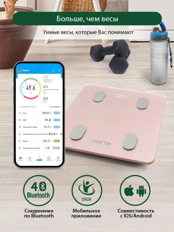 Умные диагностические весы MARTA MT-1606 с Bluetooth, LED, розовый кварц