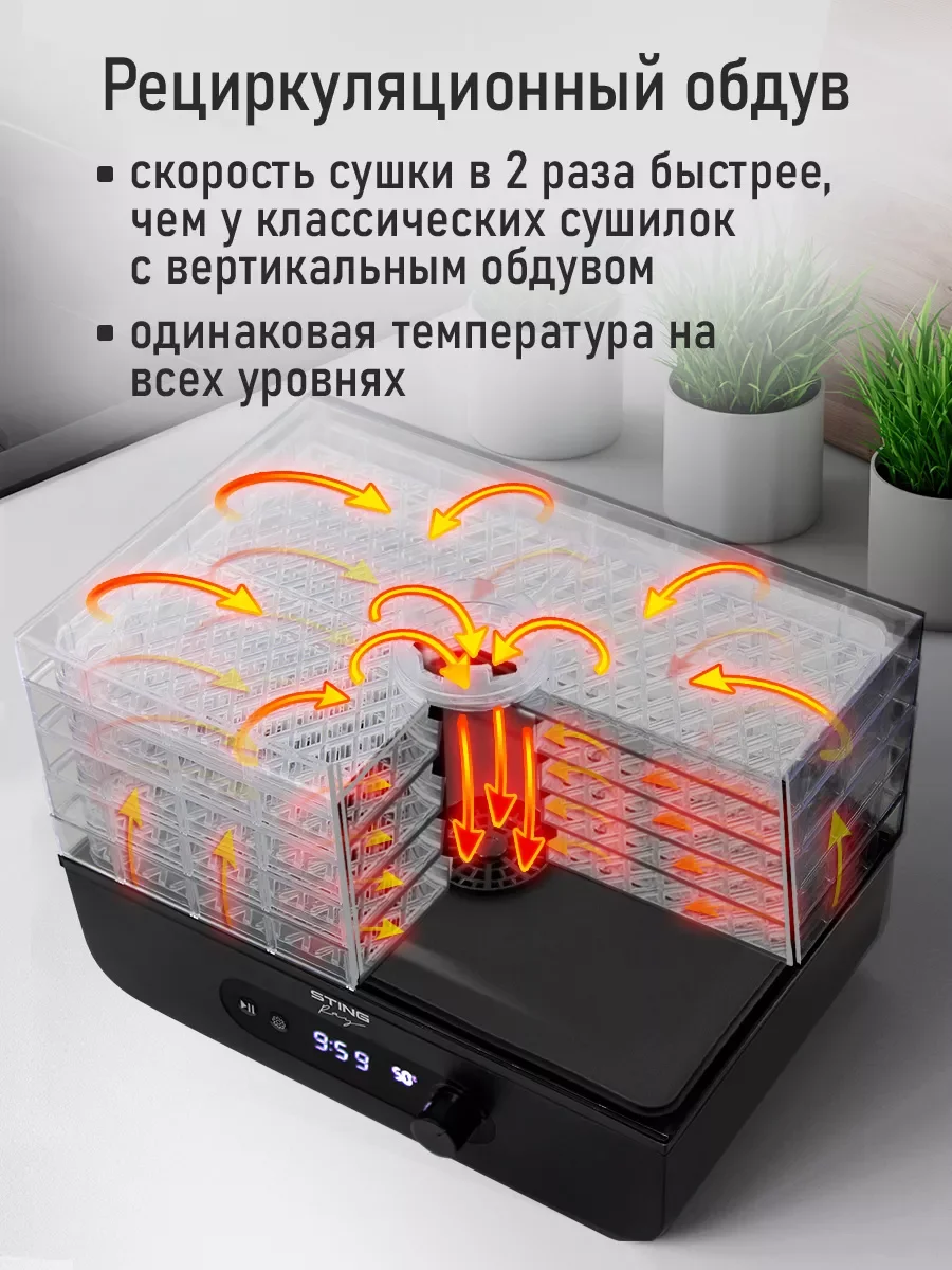 Черный сушилка для овощей и фруктов STINGRAY ST-FD715A 8 уровней, мощность 500 Вт, черный