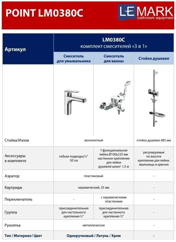 Комплект смесителей для ванны Lemark Point LM0380C, "3 в 1"