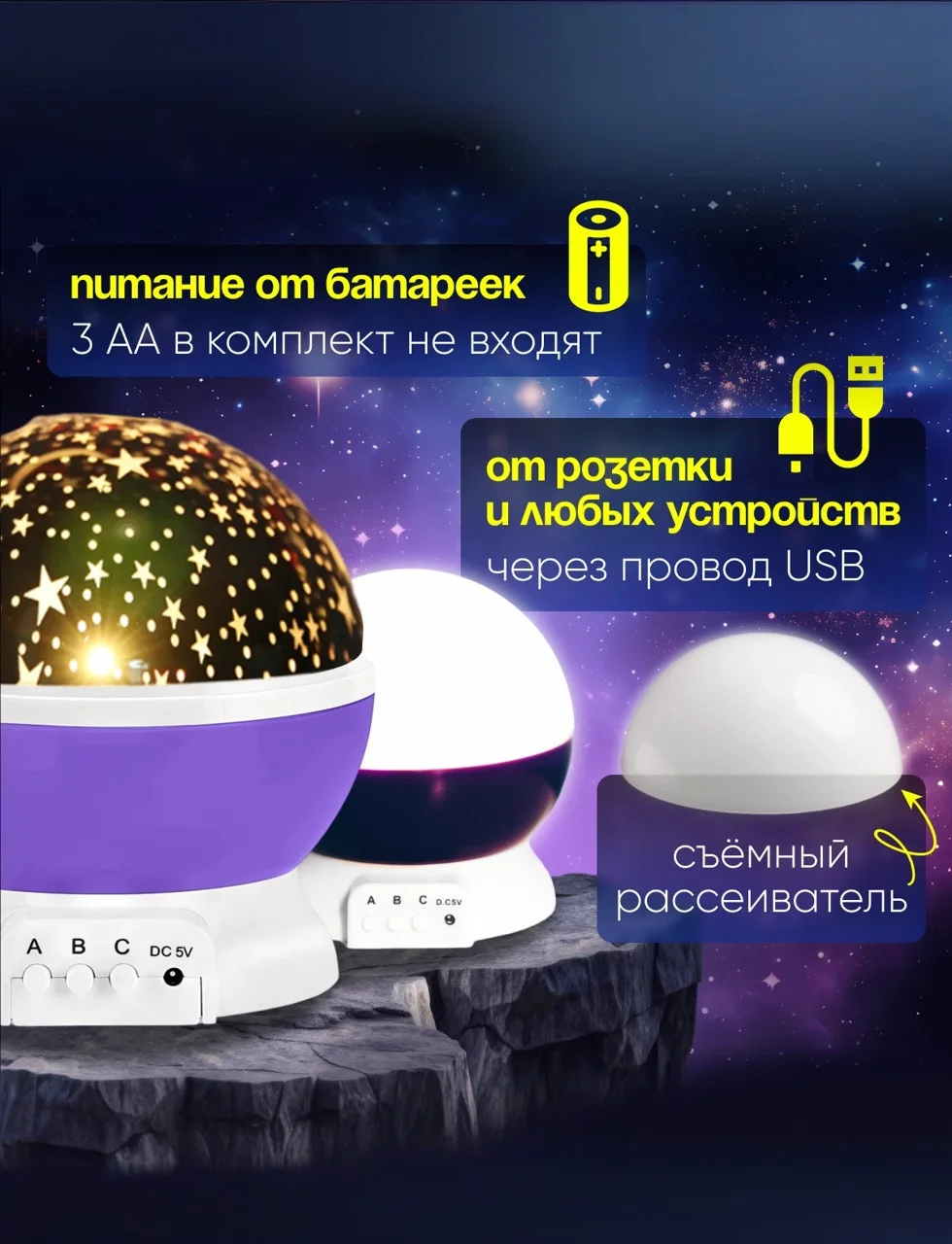 Фиолетовый детский ночник "Звездное небо"