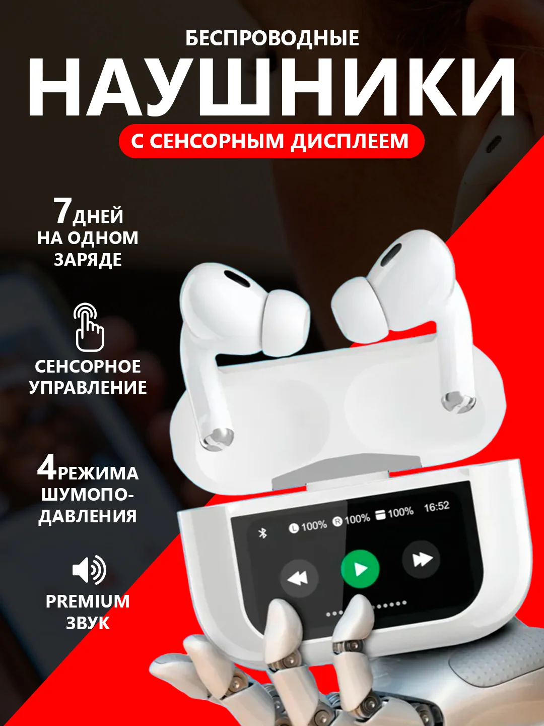 Белый беспроводные наушники HOCO EW72 с дисплеем, анимацией и шумоподавлением ANC IPhone / TWS