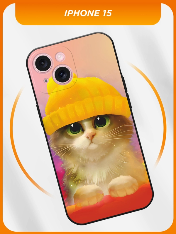 Силиконовый чехол на iPhone 15 / Айфон 15 черный, с принтом, защита камеры