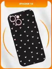 Розовый силиконовый чехол на iPhone 15 / Айфон 15 черный, с принтом, защита камеры