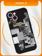 Тёмно-серый силиконовый чехол на iPhone 15 / Айфон 15 черный, с принтом, защита камеры