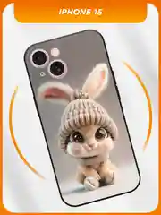 Бежевый силиконовый чехол на iPhone 15 / Айфон 15 черный, с принтом, защита камеры