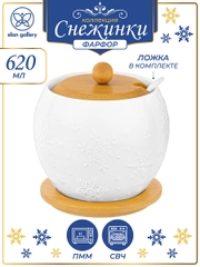 Сахарница 620 мл 12х12х12 см Elan Gallery Снежинки, с ложкой, с деревянной крышкой