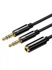 Черный кабель UGREEN AV140 (20898) 3.5mm Female to 2 Male Audio Cable ABS Case. Длина: 20 см.