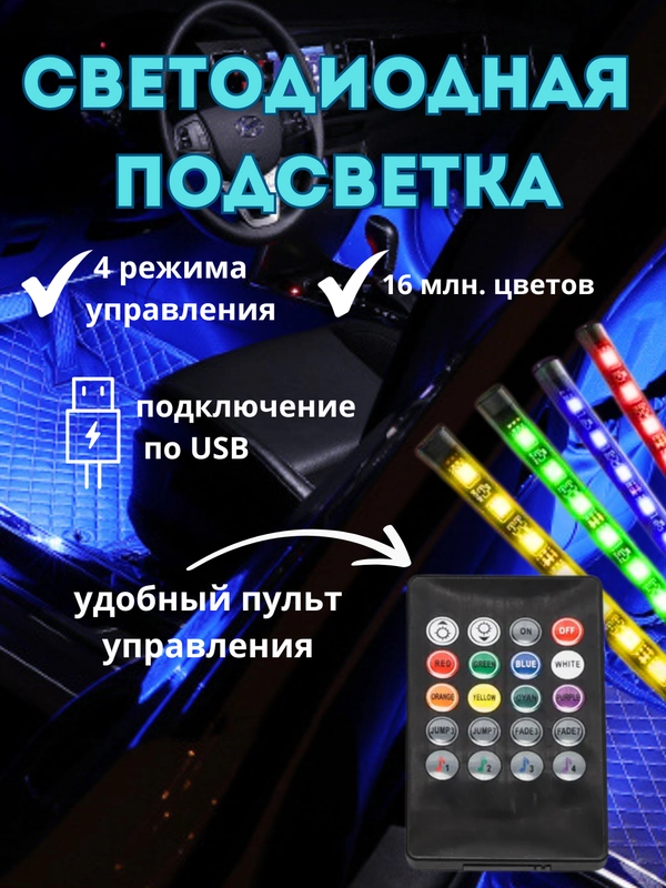 Светодиодная RGB-лента, с пультом. Подсветка ног и салона авто от прикуривателя или USB