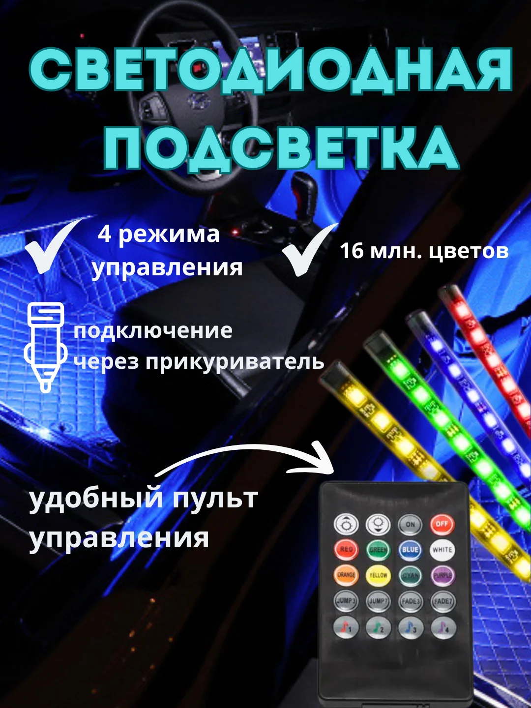 Светодиодная RGB-лента, с пультом. Подсветка ног и салона авто от прикуривателя или USB