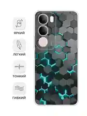 Бирюзовый силиконовый чехол на Vivo Y19s / Виво Y19s прозрачный, с принтом, защита камеры