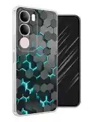 Бирюзовый силиконовый чехол на Vivo Y19s / Виво Y19s прозрачный, с принтом, защита камеры