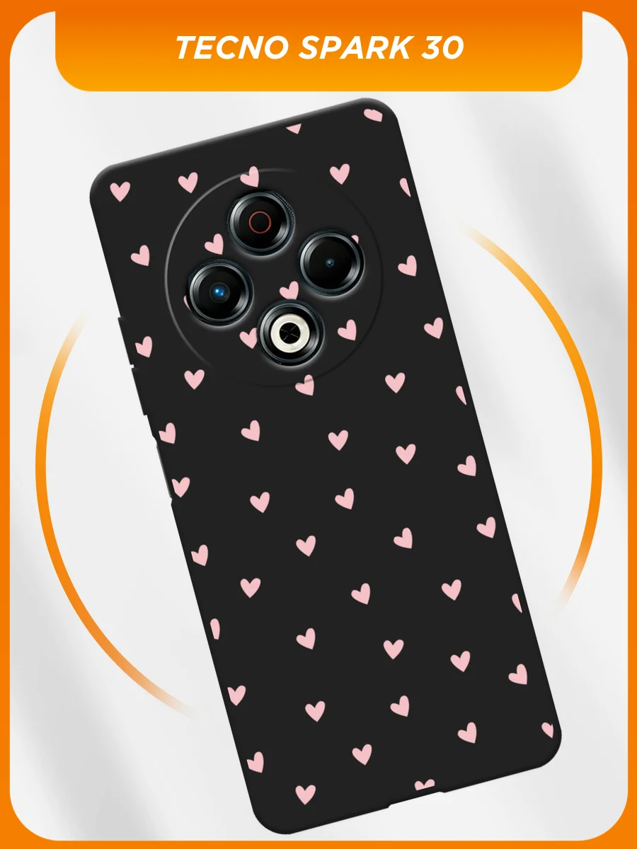 Розовый силиконовый чехол на Tecno Spark 30 / Текно Спарк 30 черный, с принтом, защита камеры