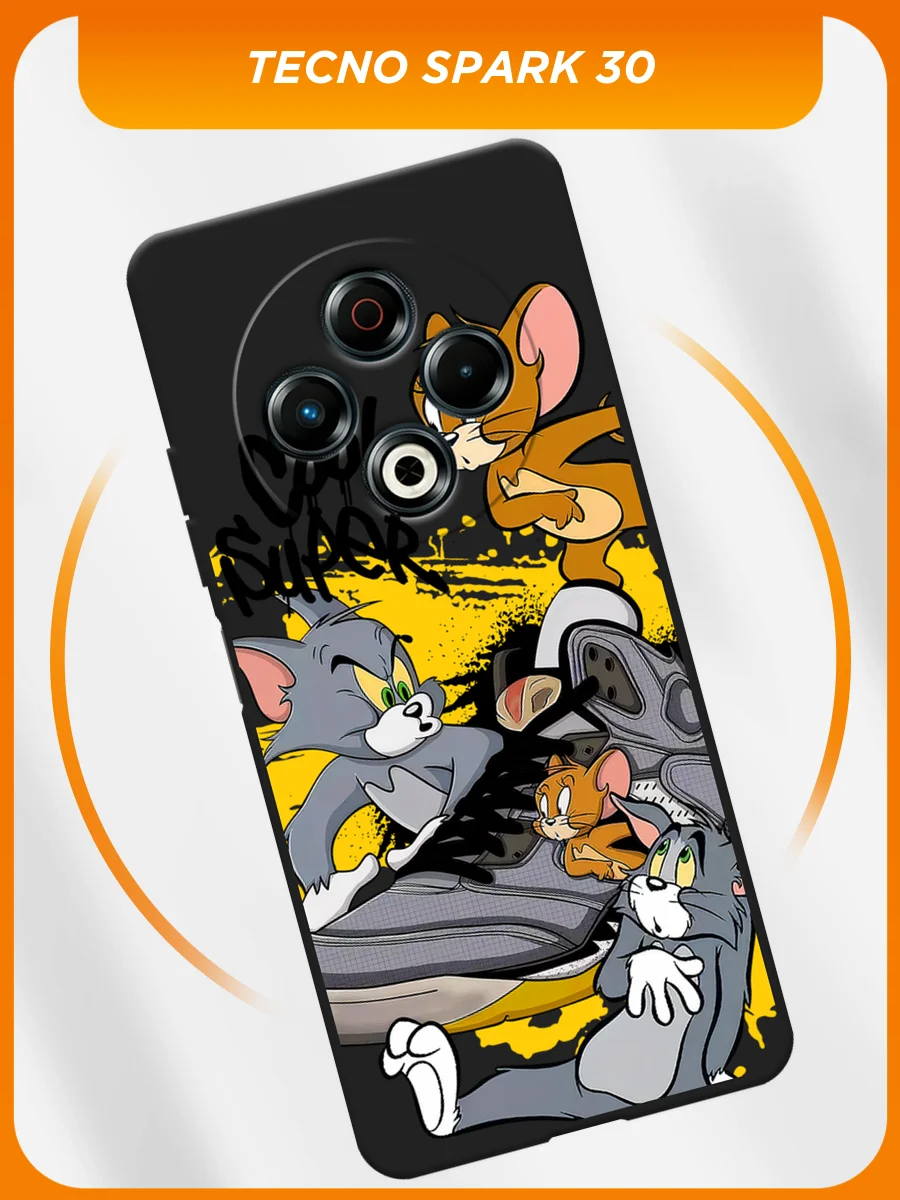 Серый силиконовый чехол на Tecno Spark 30 / Текно Спарк 30 черный, с принтом, защита камеры