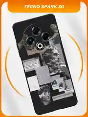 Тёмно-серый силиконовый чехол на Tecno Spark 30 / Текно Спарк 30 черный, с принтом, защита камеры