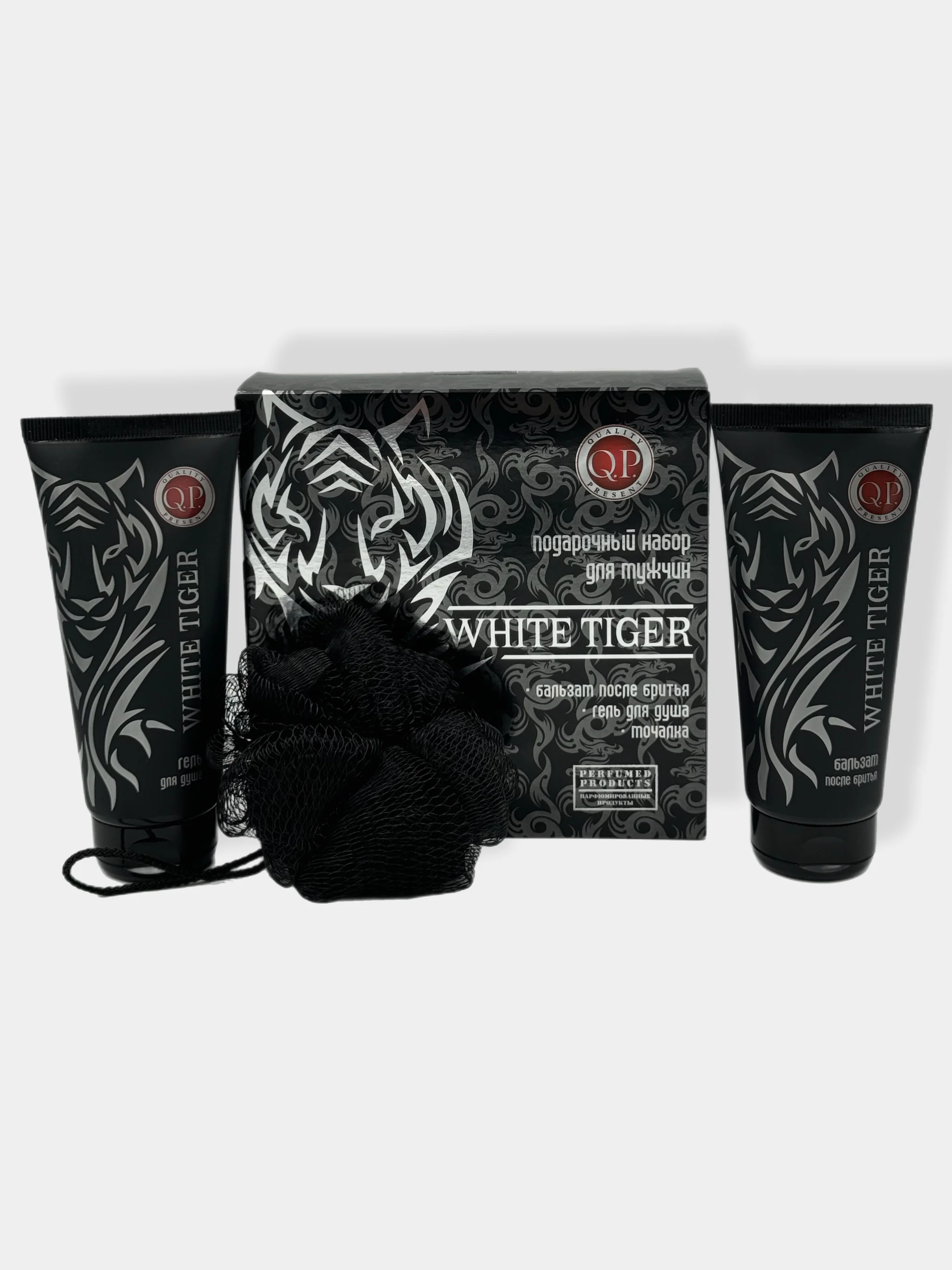 Подарочный набор для мужчин White Tiger/Бальзам после бритья/Гель для душа/Мочалка