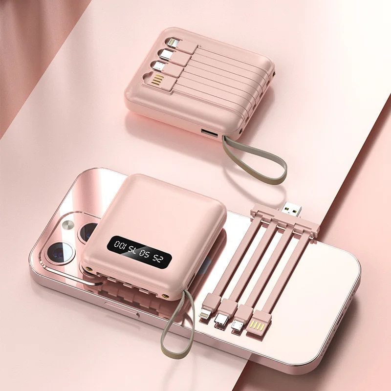 Пудровый внешний аккумулятор Power Bank 10000 mAh / Powerbank повербанк с проводами