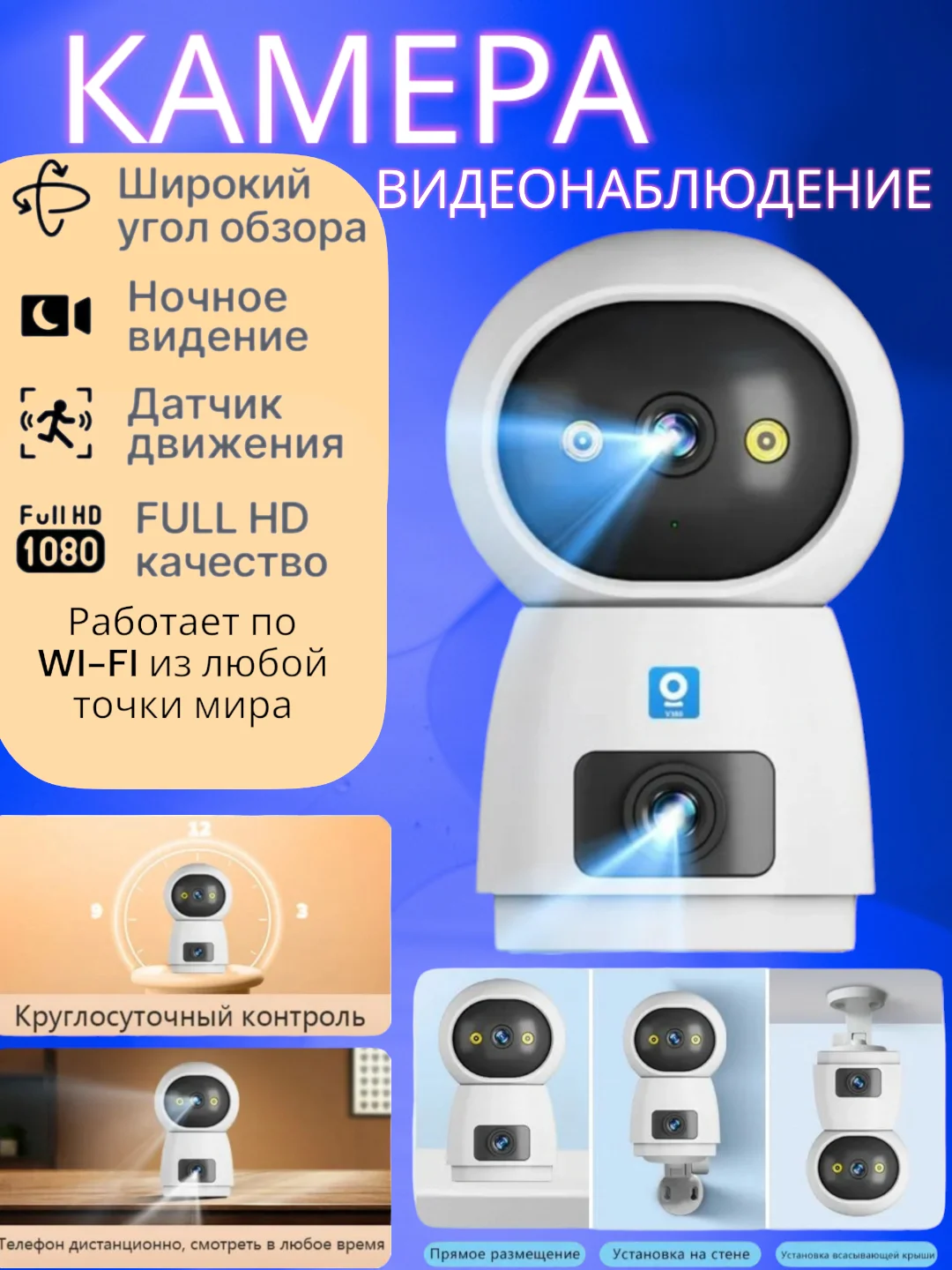 Белый камера видеонаблюдения Wi-Fi с двумя объективами, датчиком движения, видеоняня