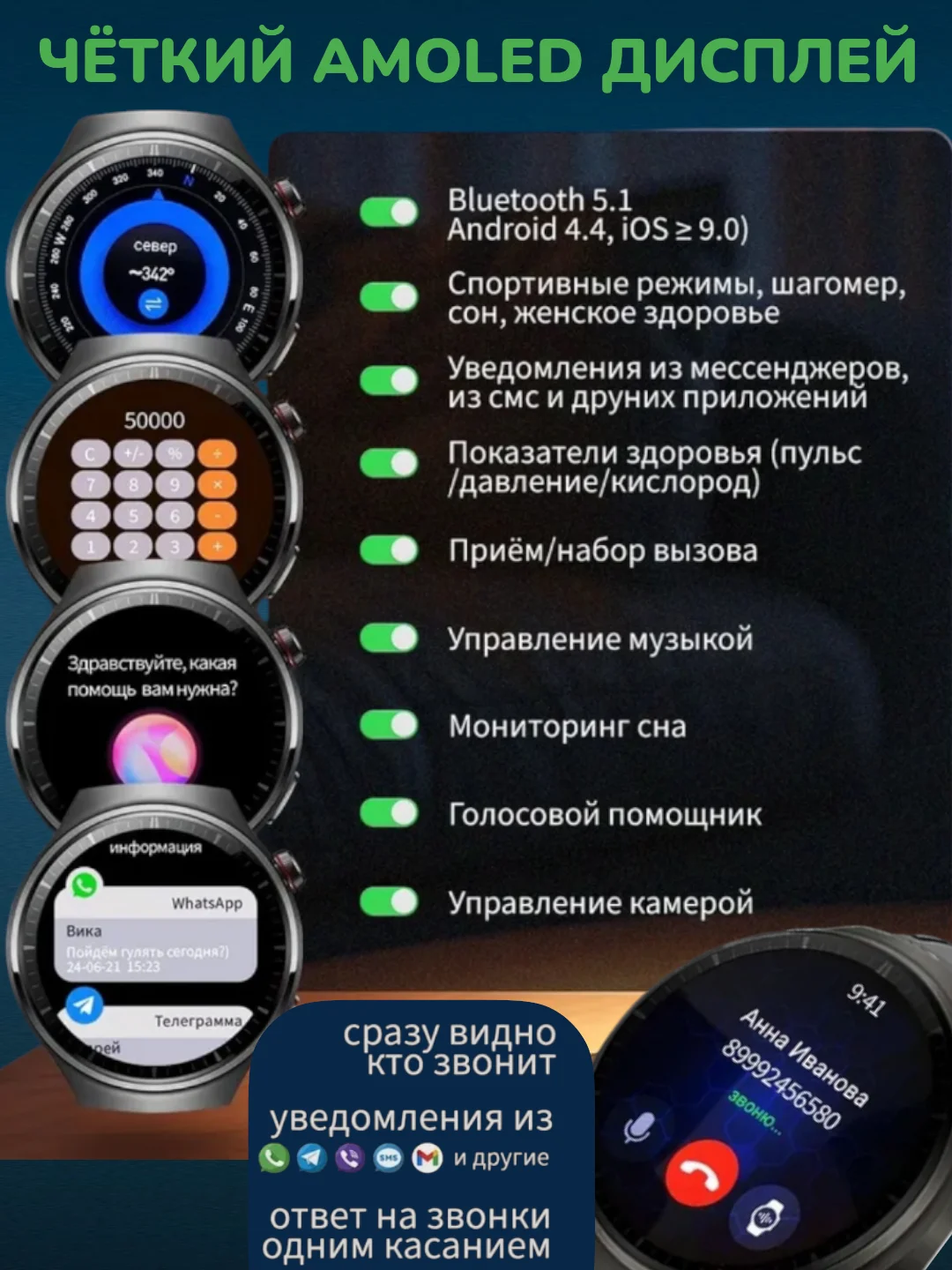 Черный смарт часы HK18 HERO с Amoled экраном 49mm