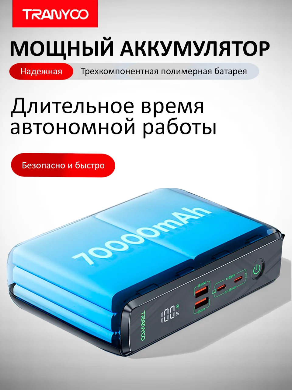 Белый внешний аккумулятор Tranyoo, 70000 мАч, с функцией быстрой зарядки, 22,5W