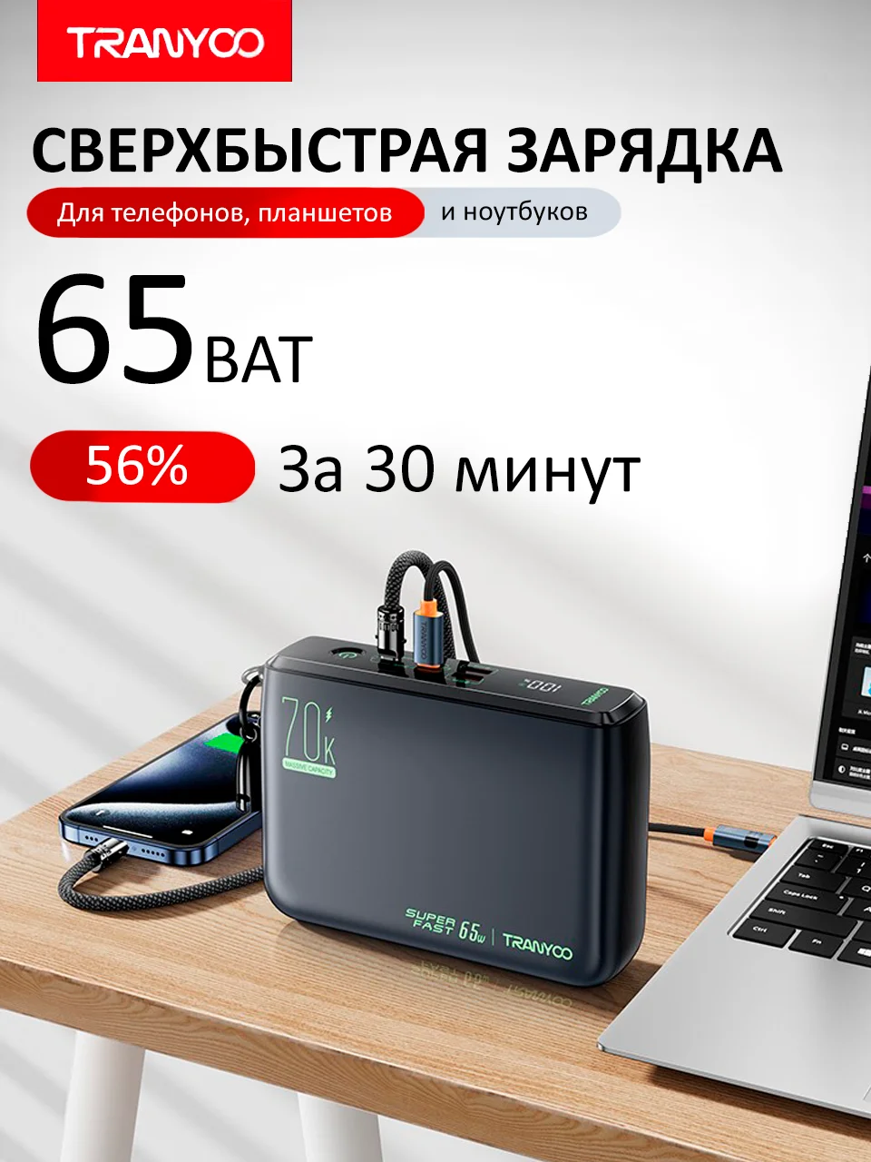 Белый внешний аккумулятор Tranyoo, 70000 мАч, с функцией быстрой зарядки, 22,5W