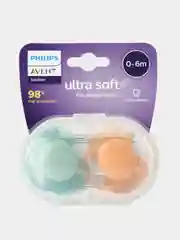 Силиконовая пустышка Philips Avent SCF091/03 Ultra Soft, 2 шт, 0-6 мес., оранжевый/зеленый