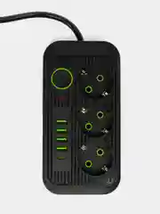 Черный удлинитель сетевой, фильтр 3 метра, 3 розетки с 4 USB и 1 Type-C портами и кнопкой
