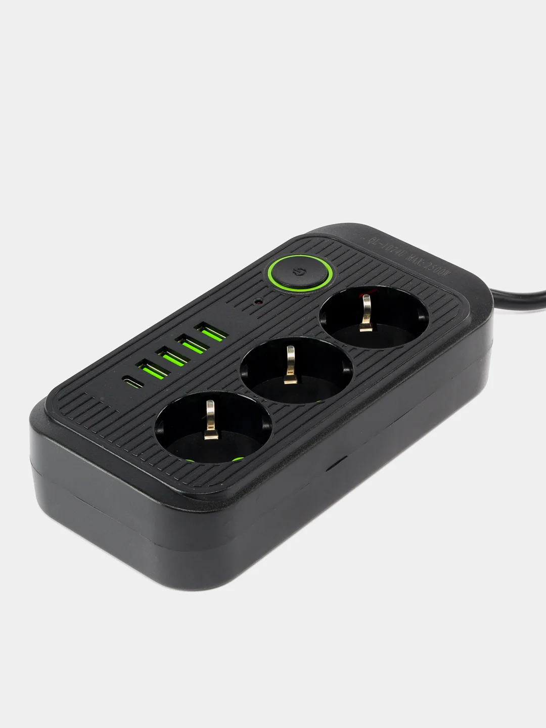 Черный удлинитель сетевой, фильтр 3 метра, 3 розетки с 4 USB и 1 Type-C портами и кнопкой