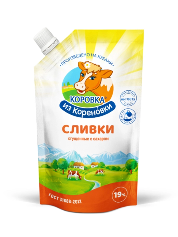Сливки сгущеные  с сахором КОРОВКА из Кореновки м.д.ж. 19,0%, 270г дойпак.